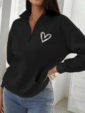 Heart Print Kangaroo Pocket Drop Shoulder Half Zip Hoodie