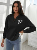 Heart Print Kangaroo Pocket Drop Shoulder Half Zip Hoodie